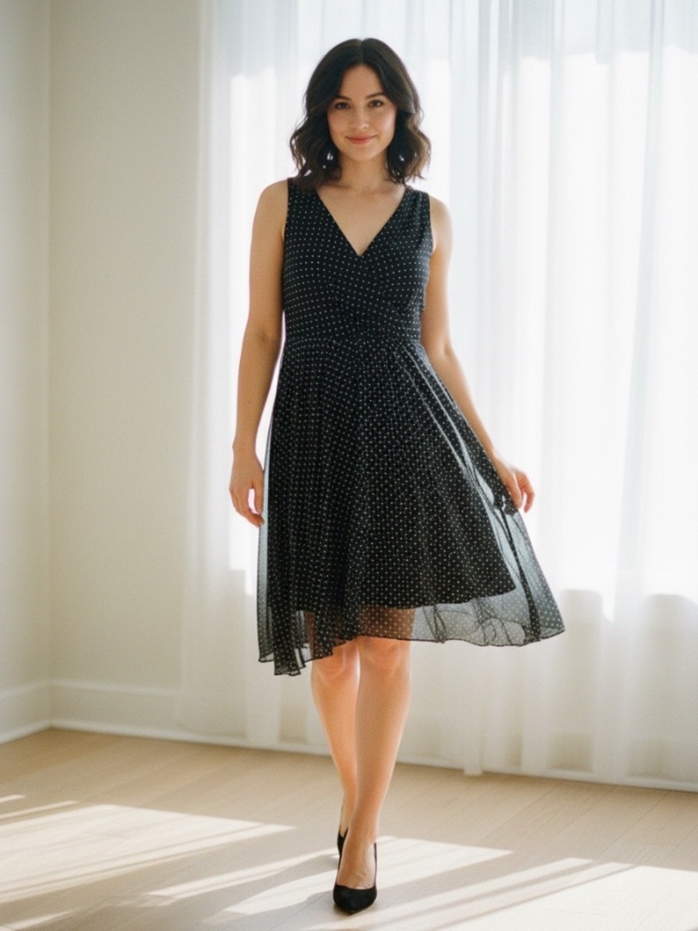 NWT DKNY Polka Dot Mesh Midi Dress Size 8